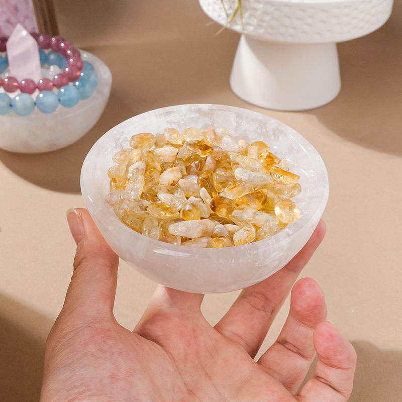 天然水晶白水晶原石消磁碗摩洛哥透石膏石白水晶碎石消磁净化器皿