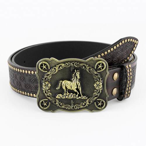 Denim belt cow head large plate buckle trendy 牛仔皮带牛头