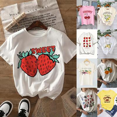 Women Lemon Print Round Neck Tee Casual Sleeve Crew Fitted