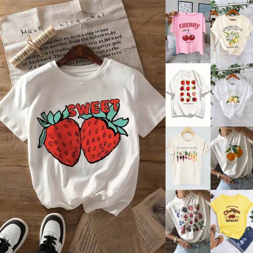Women Lemon Print Round Neck Tee Casual Sleeve Crew Fitted