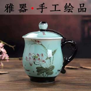 家用个人办公杯高档水杯子礼品 优选景德镇陶瓷杯带盖手绘茶杯套装