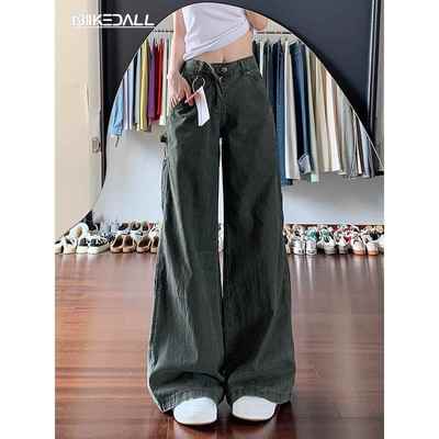 美式军绿色工装裤女新款多口袋复古休闲阔腿宽松直筒微喇牛仔裤子