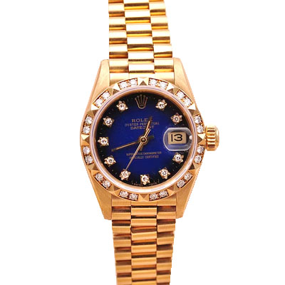 正品女金劳渐变蓝[9.8新]劳力士日志型后镶钻自动机械女表69178