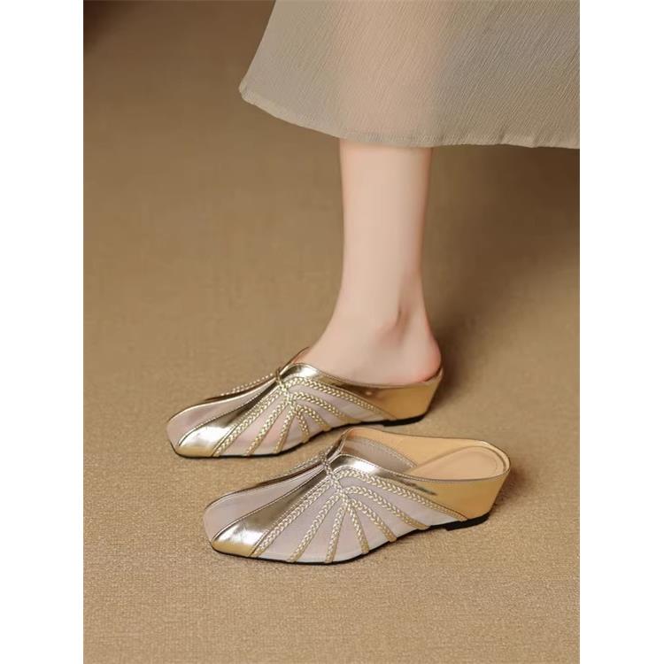 Shibao Feier内高5厘米法式拼接网头半拖鞋,适合夏季女士穿