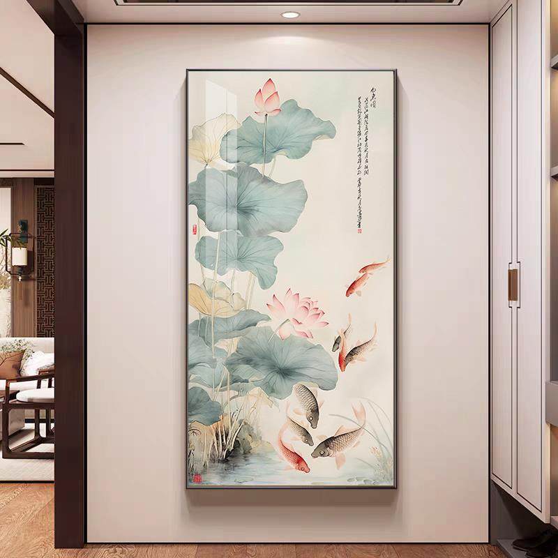新中式荷花鱼图玄关挂画入户正对门招财装饰画走廊过道高级壁画,家居饰品,现代装饰画,淘宝优惠券,粉丝福利购,淘宝优惠卷