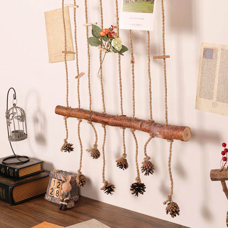 创意松果照片墙原木手工麻绳装饰幼儿园班级挂绳相片展示墙面挂饰