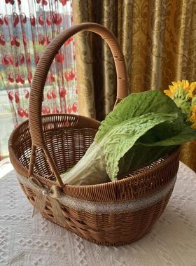 TL16元宝篮开 业送礼水果篮鸡蛋篮买 菜篮子 手工藤编野餐手提篮