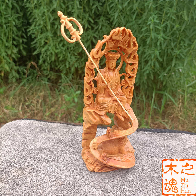 崖柏黄杨木雕刻客厅复古装饰品禅意地藏王家居神像汽车摆件实木