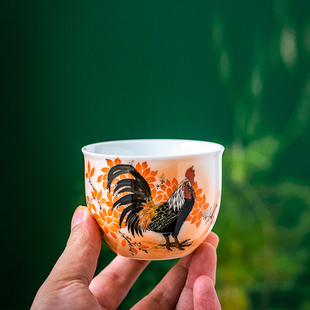 袁述凡大师手绘公鸡主人杯功夫茶器家用 大吉大利陶瓷茶杯鸡缸杯