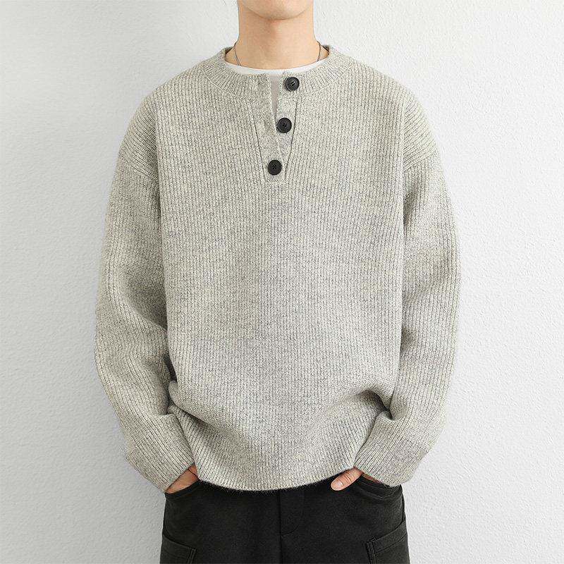 日系复古V领毛衣 纽扣设计男士毛衣 秋冬季加厚针织衫 潮牌宽松毛