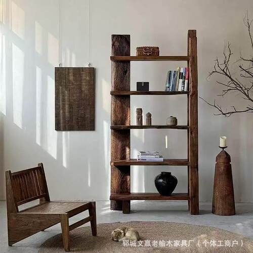 老榆木博古架多层落地式置物架民宿中式茶饼展示柜多宝阁博古架
