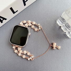 水晶珍珠链适用applewatchs9s8代表带iwatch7苹果手表se265不锈钢，表带高级感腕带女生小珍珠水钻手链41mm45