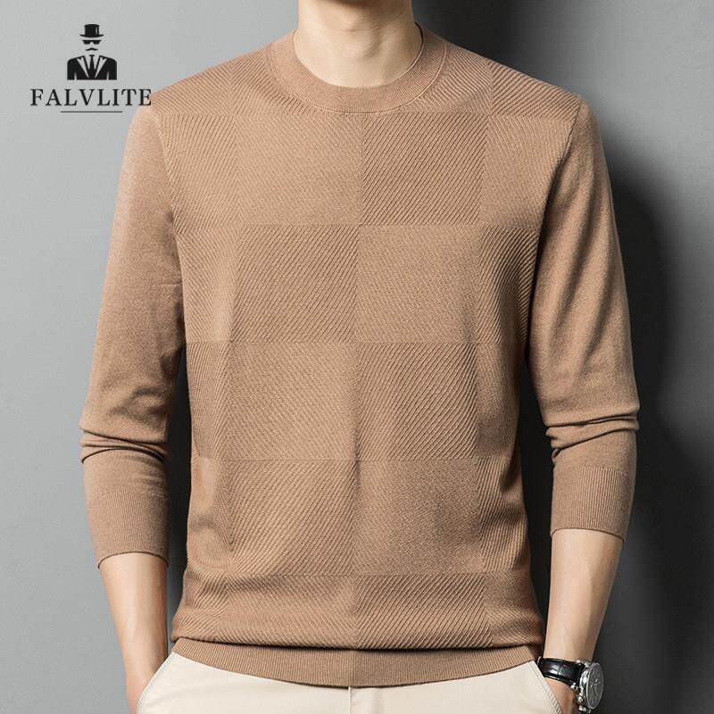 FALVLITE2025春秋薄款男士圆领长袖t恤含桑蚕丝毛衣含羊毛针织衫