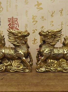 纯铜麒麟摆件一对黄铜铜祥云麒麟工艺品客厅办公室桌家居摆设饰品