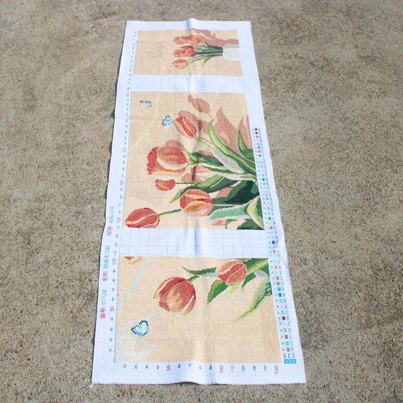 绣好的纯手工十字绣成品郁金香三连画满绣客厅风景画不带框