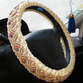 手编冰丝汽车方向盘把套夏季 女中号通用货车手缝彩色镶钻把套大号