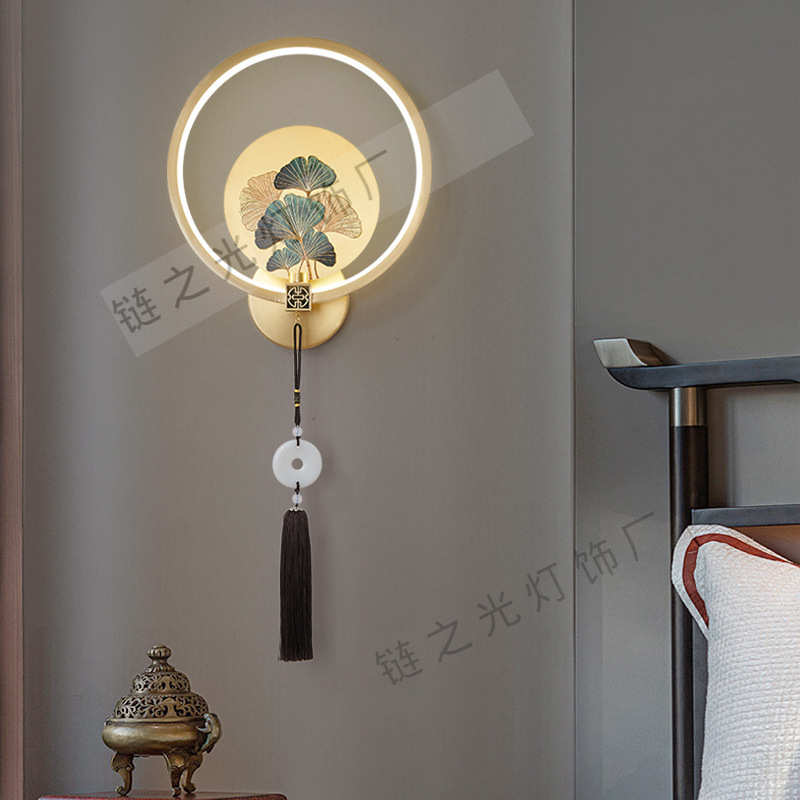 新中式客厅背景墙壁灯全铜珐琅彩卧室书房灯创意荷花江山过道壁灯