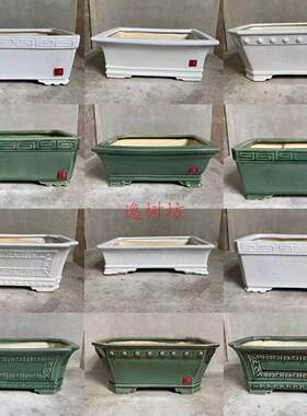 长方形窑变绿色白色冰裂釉复古浮雕陶瓷盆栽盆景岭南新款石湾花盆