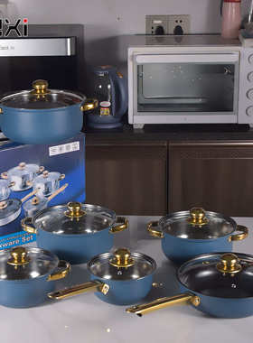 cookware set pots12件套彩色不锈钢套锅不粘锅镀金锅具套组