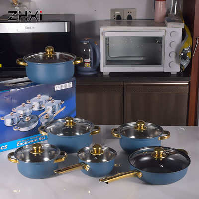 cookware set pots12件套彩色不锈钢套锅不粘锅镀金锅具套组