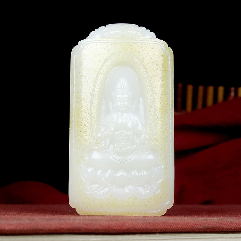 福禄长寿新疆保真和田玉羊脂白玉籽料黄沁皮坐莲观音玉牌57.90g