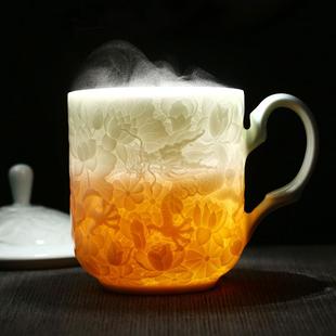 景德镇陶瓷茶杯影青雕刻礼品杯子带盖泡茶杯办公杯老板杯家用水杯