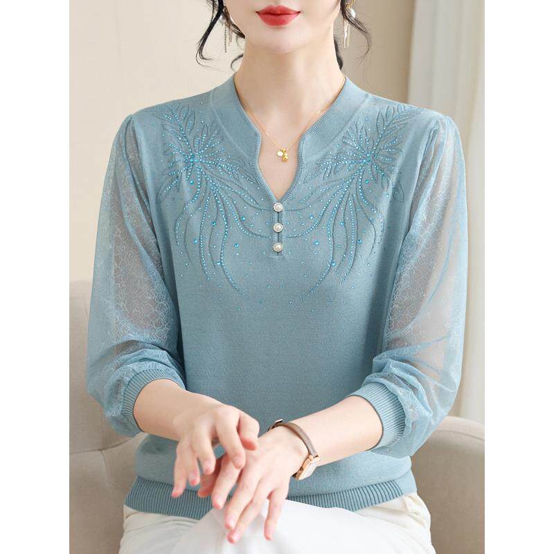 妈妈早秋加码薄纱袖冰丝上衣，时尚高贵中老年人桑蚕丝女式薄t恤