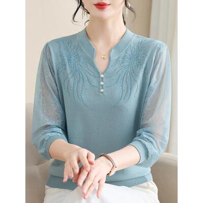 妈妈早秋加码薄纱袖冰丝上衣，时尚高贵中老年人桑蚕丝女式薄t恤