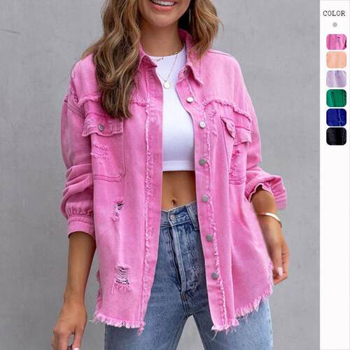 Denim jacket with ripped rawedge时髦毛边破洞牛仔外套翻领夹克