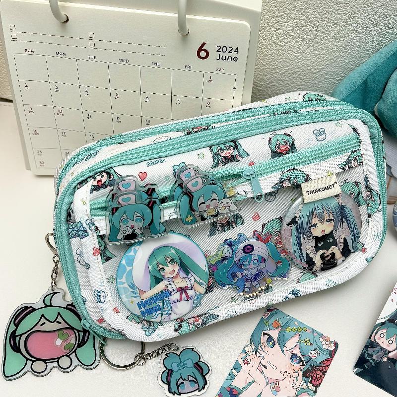 初音未来大容量笔袋miku三层痛包多功能多层透明吧唧收纳袋文具盒