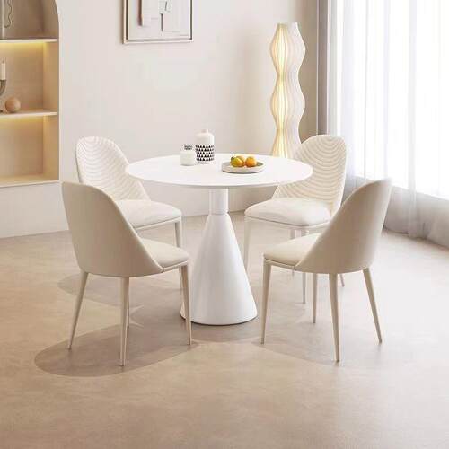 现代轻奢岩板餐桌圆形奶油风小户型家用饭桌洽谈桌奶茶店桌椅组合