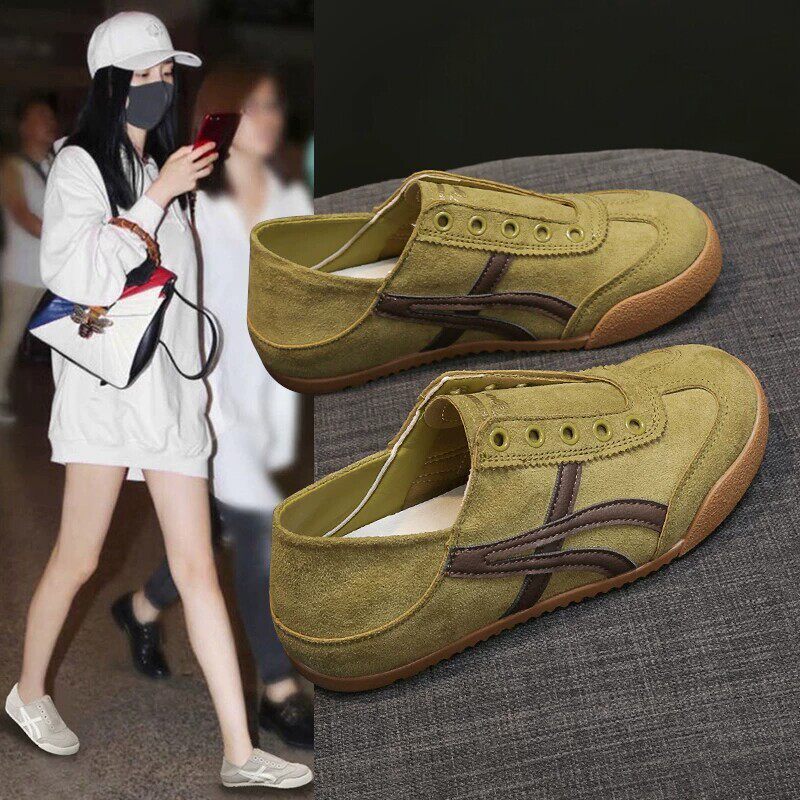 香港真皮绿色平底德训鞋女秋冬2026新款阿甘休闲鞋软底两穿帆布鞋