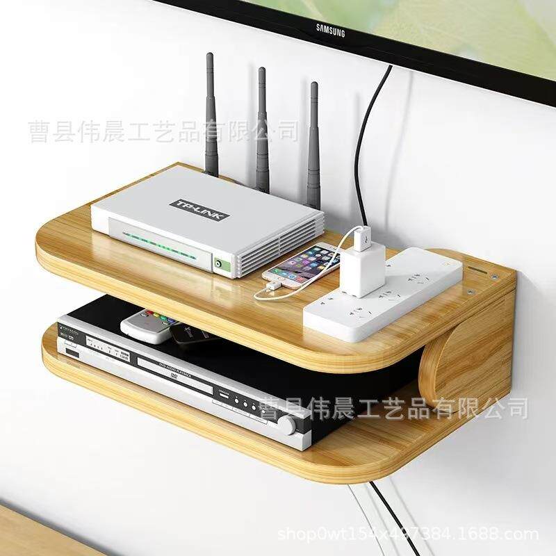 挂墙电视机置物架木质墙上电视机顶盒置物架墙壁路由器收纳盒双层