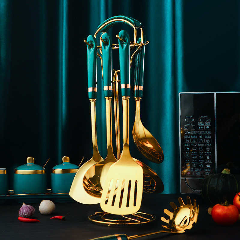 北欧轻奢创意不锈钢厨具套装祖母绿陶瓷手柄烹饪铲勺七件套礼品,厨房/烹饪用具,全套勺铲,淘宝优惠券,粉丝福利购,淘宝优惠卷