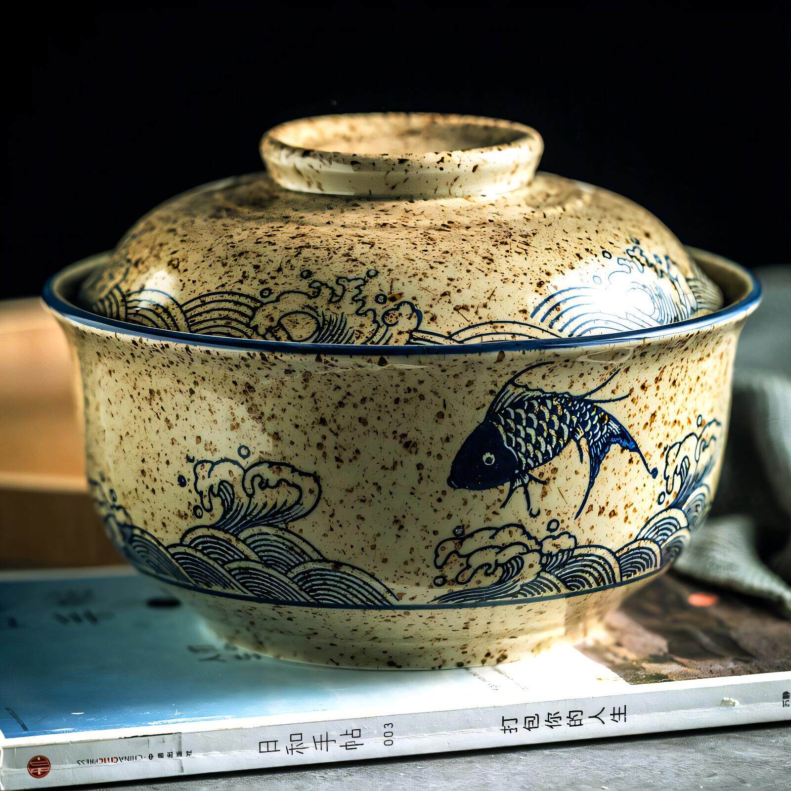 大号汤碗带盖子可微波陶瓷碗公家用大碗餐具覆古碗泡面碗釉下彩深
