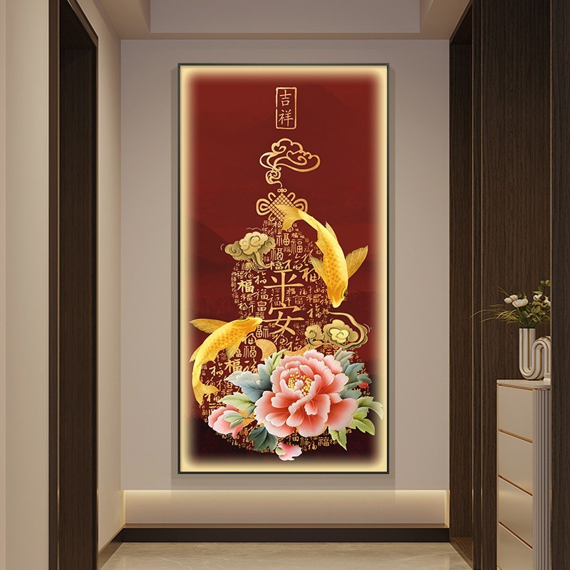 2026新款新中式牡丹走廊过道入户玄关装饰画花开富贵灯画挂画壁画
