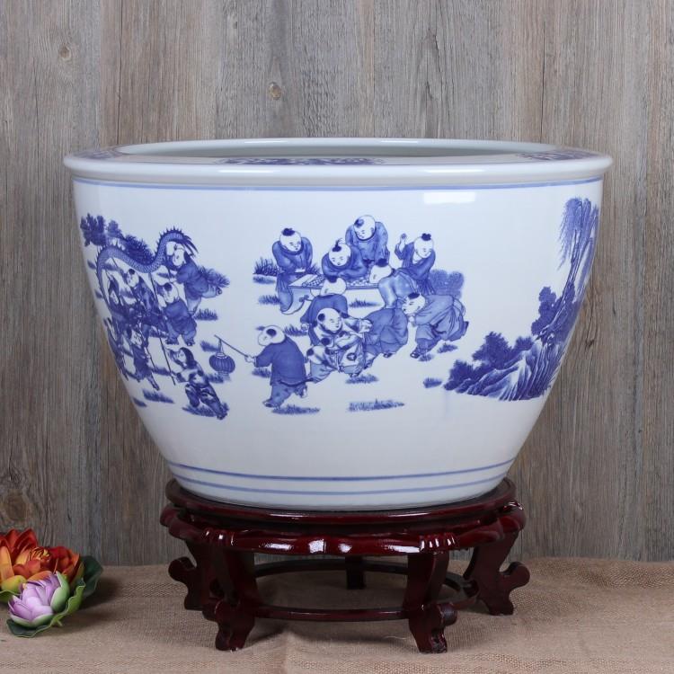 景德镇陶瓷鱼缸 青花百子闹元宵图陶瓷养鱼缸阳台庭院装饰品摆设