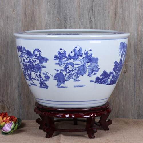 景德镇陶瓷鱼缸 青花百子闹元宵图陶瓷养鱼缸阳台庭院装饰品摆设
