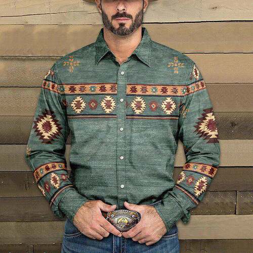 Cowboy Punk Style Printed Shirt for Men with Double Chest