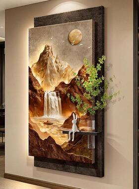 流水生财玄关装饰画聚宝盆走廊砂岩壁画灯金山水入户水培绿植挂画