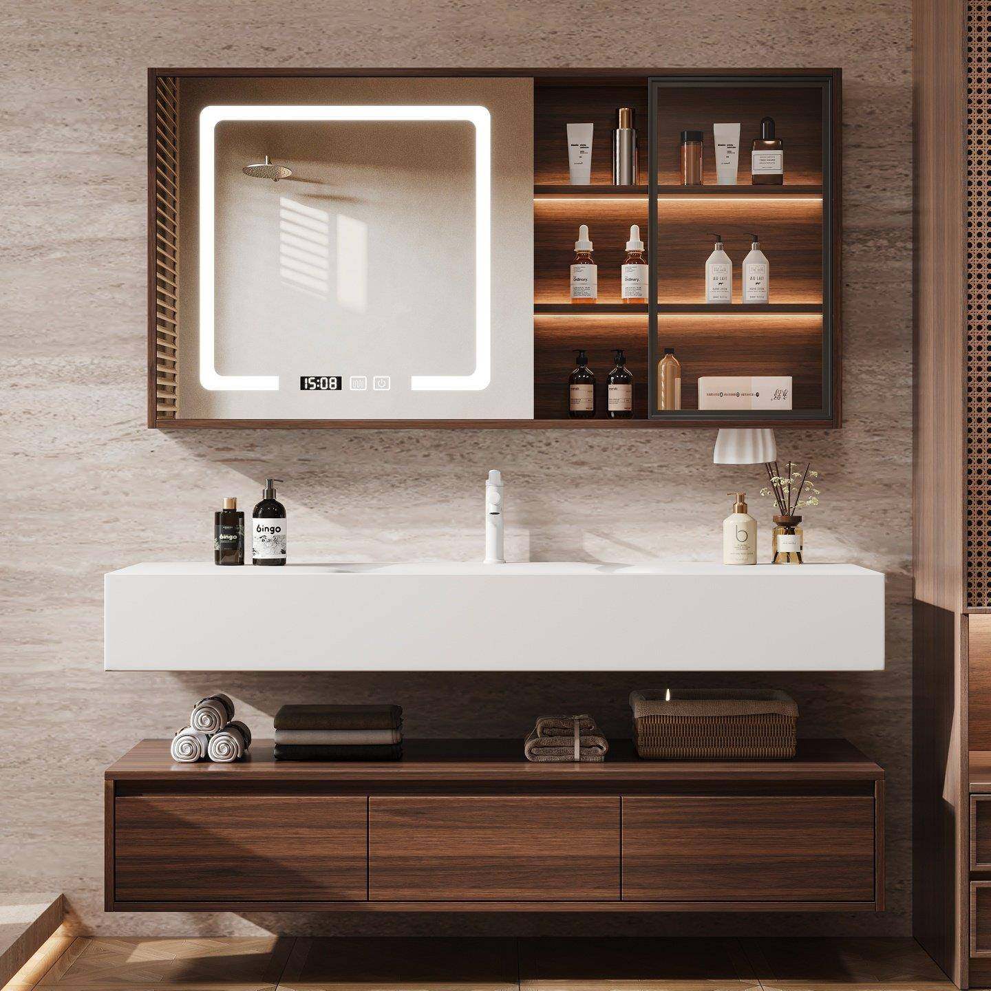 酒店风浴室柜岩板热弯一体盆胡桃木洗漱台智能洗手池洗脸盆柜组合,家装主材,浴室柜组合,淘宝优惠券,粉丝福利购,淘宝优惠卷