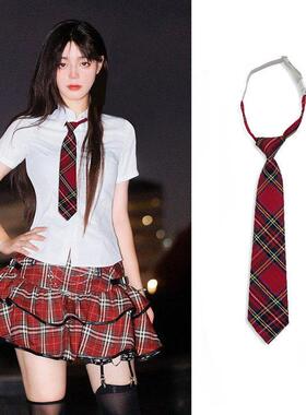 【天猫甄选】红色女基础日系dk衬衫制服格子免打结学院风jk蝴蝶结