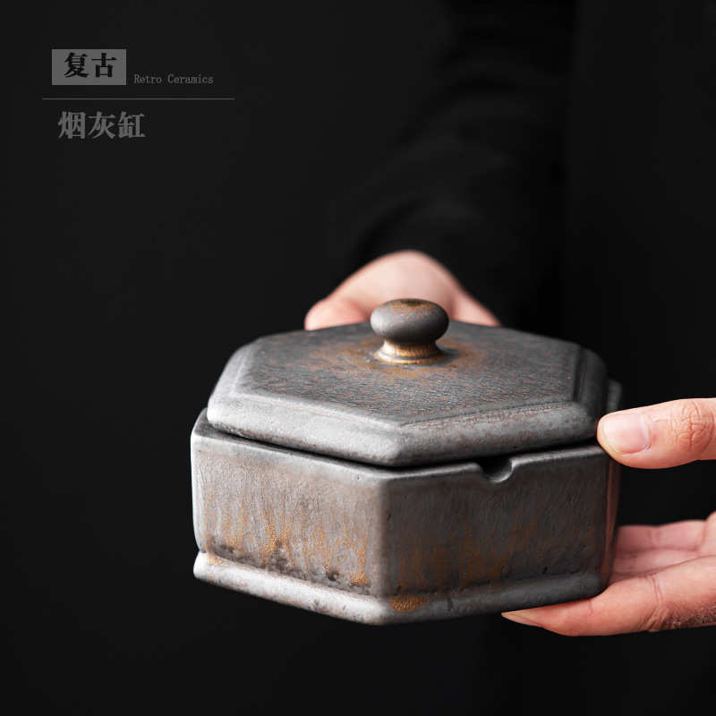 复古陶瓷烟灰缸带盖防飞灰酒店餐厅酒吧创意鎏金防风烟缸雕刻LOGO