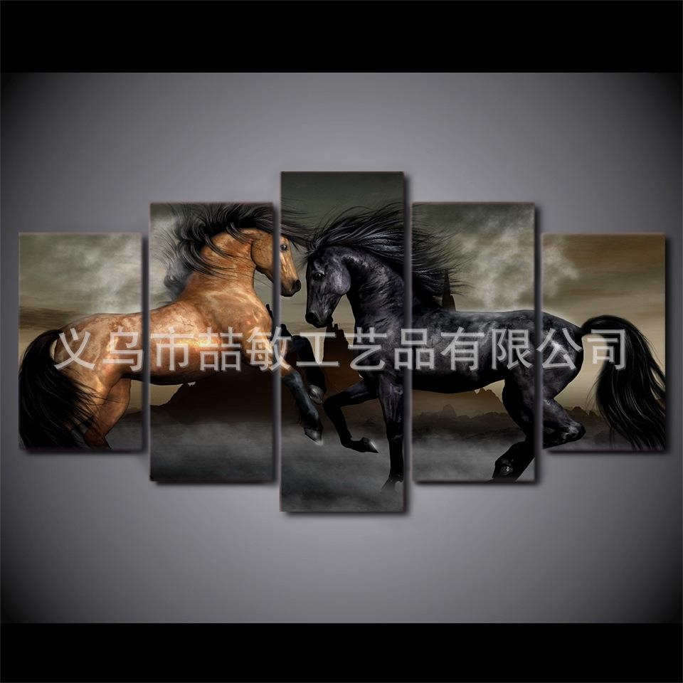 新款直销现代客厅家居卧室装饰帆布高清油画五联黑棕马 货源