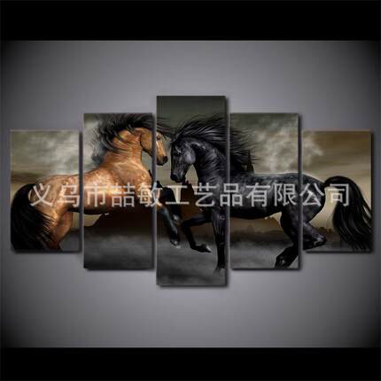 新款直销现代客厅家居卧室装饰帆布高清油画五联黑棕马 货源