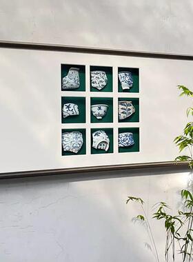 民宿挂画 画饭厅高级感餐桌青花瓷片装饰画 画新中式风格茶室茶台