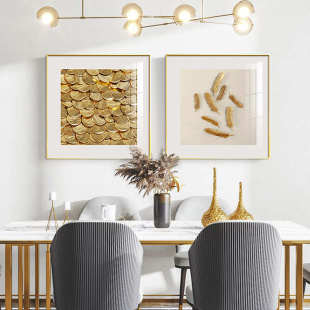 餐厅装 饭厅背景墙面金色挂画客厅抽象样板间壁画 饰画轻奢现代美式