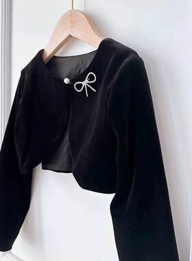 女中大童秋冬钢琴演出晚礼服配饰披肩外搭女孩丝绒长袖马甲短外套