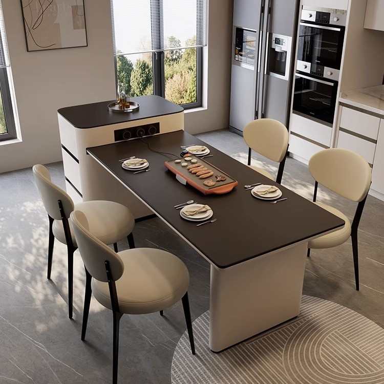 奶油风餐岛台组合可伸缩一体家用中倒台饭桌子法式岩板导台家用