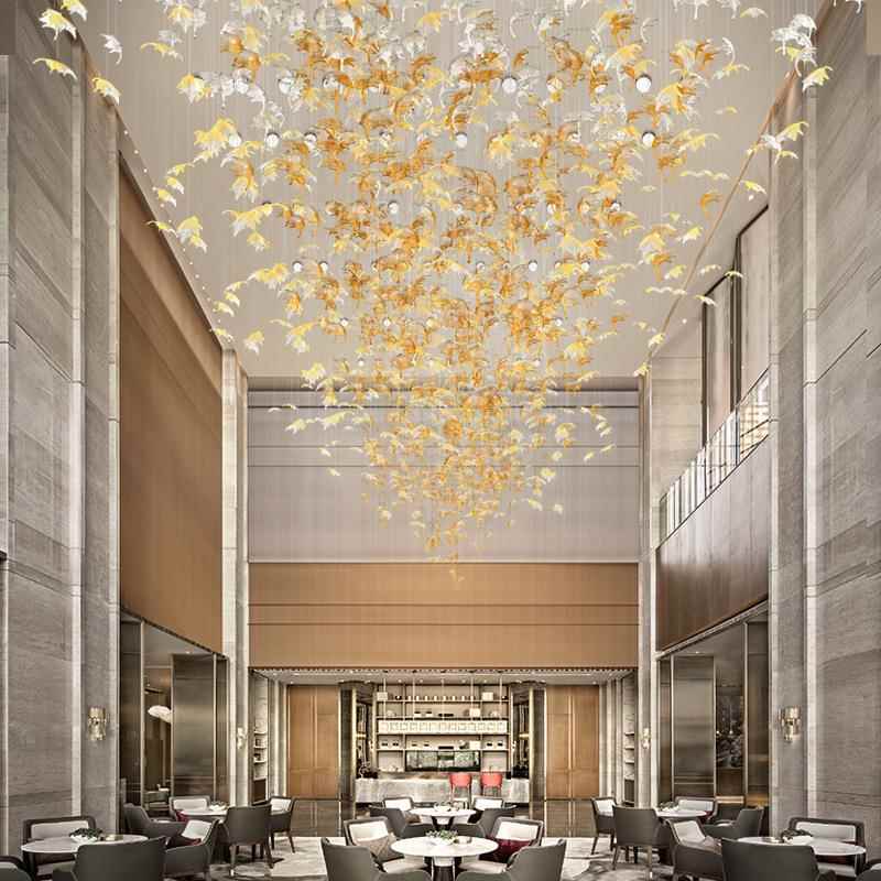 制作非标工程酒店大堂售楼部沙盘水晶枫叶扭叶楼梯大型吊灯创意